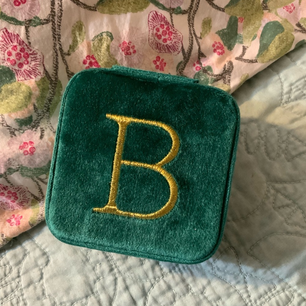 Green Velvet Jewelry Box with Gold Letter B